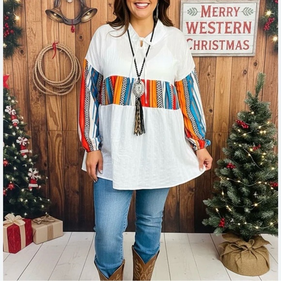 Rowdy Crowd Clothing Tops - ROWDY CROWD Women's Blouse with Multicolor Stripes Aztec Baby Doll Top